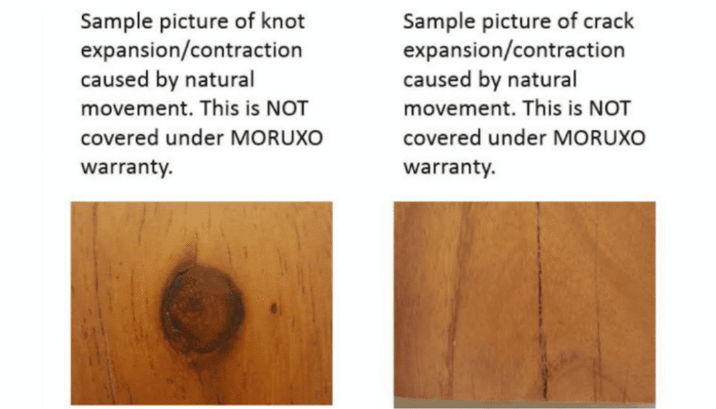 wooden plank with a dark knot and hairline cracks from natural movement; Right: wooden plank with a vertical crack; not covered by warranty