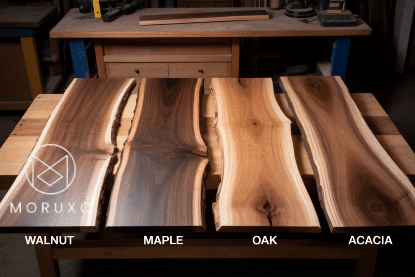 Four wooden slabs labeled Walnut, Maple, Oak, and Acacia placed side by side on a wooden table in a workshop. Each slab shows natural grain and color variations typical of its wood type