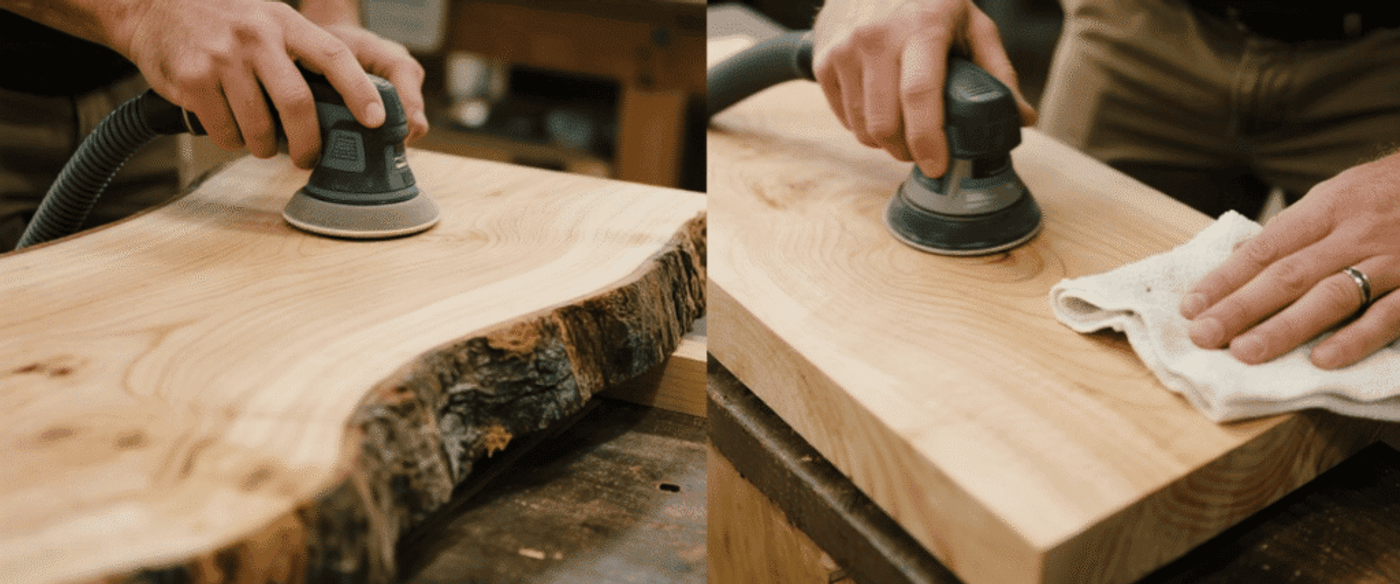 Man sanding a live-edge wood slab with an electric orbital sander, smoothing grain and edges in a woodworking shop.
