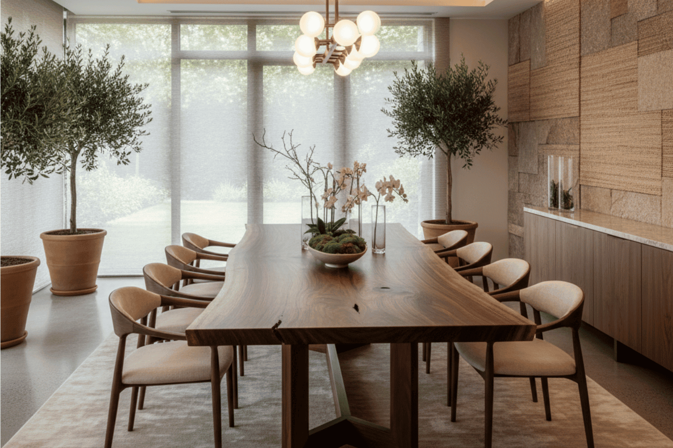 Spacious modern dining room with a long live-edge wood table, eight upholstered chairs