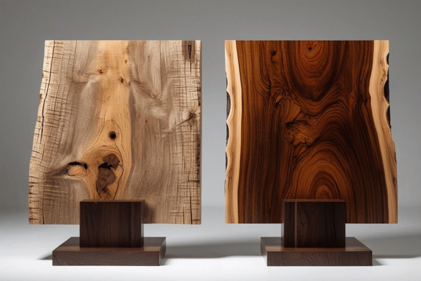 Two polished wood slabs on stands, showcasing natural grain and color contrast.
