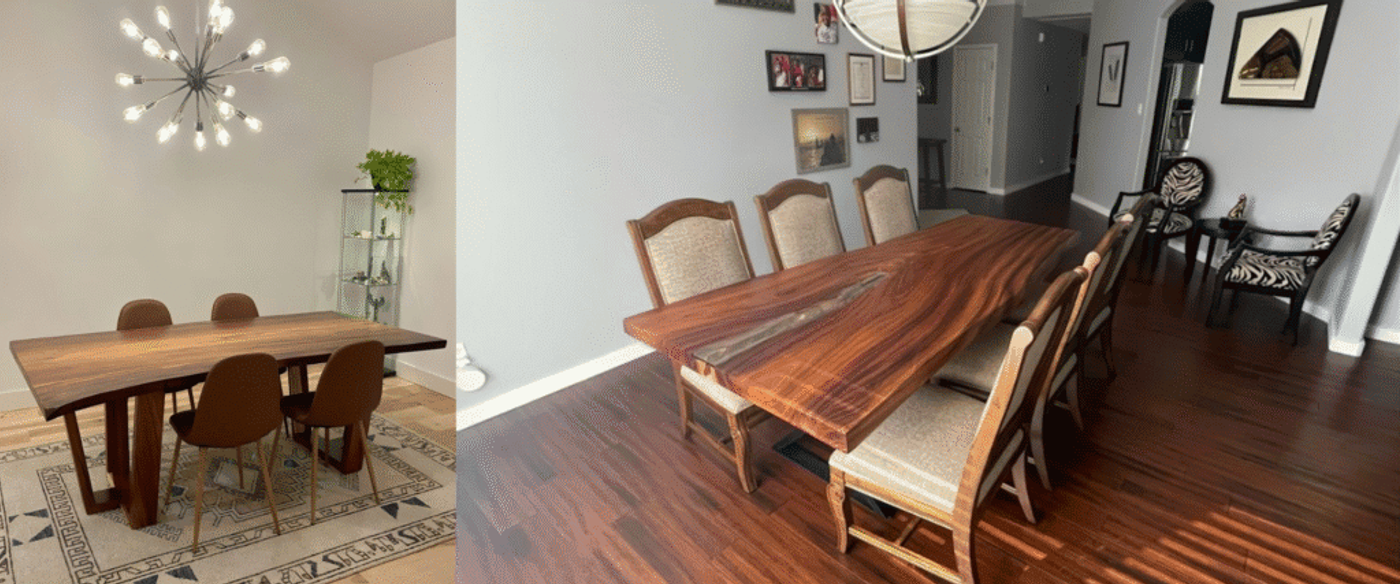 Two images of wooden dining tables: - Left shows a modern rectangular wood table with four brown chairs under a contemporary chandelier. - Right shows a larger wood table with natural grain, surrounded by six cushioned wooden chairs in a cozy dining room.