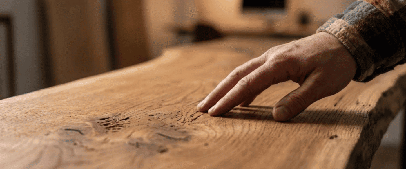 Hand touching smooth, sanded live-edge wooden slab on workshop bench, showing grain, knots, and craftsmanship