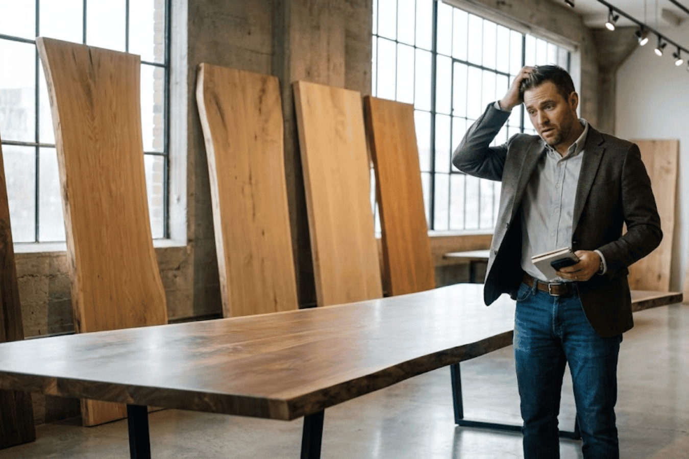 Man in blazer and jeans inspecting a large live-edge wooden table in a bright workshop, holding a notebook and phone