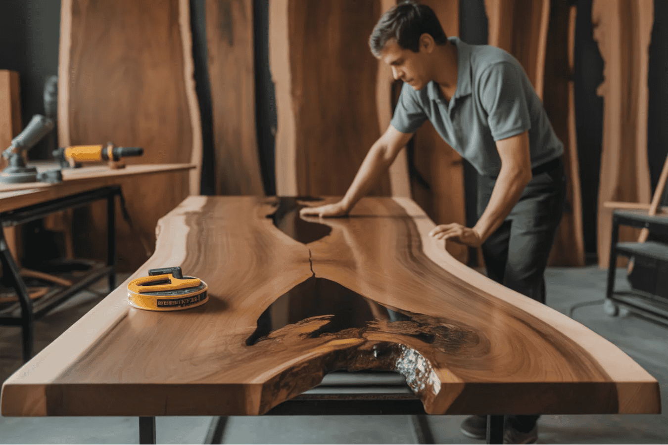 Man inspecting a large wooden table with natural edges in a workshop.