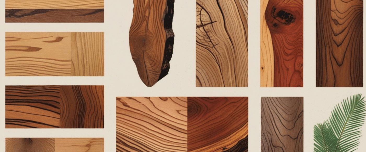 Wood texture samples showing various natural grain patterns and colors arranged in a grid with a small green fern leaf at the bottom right.