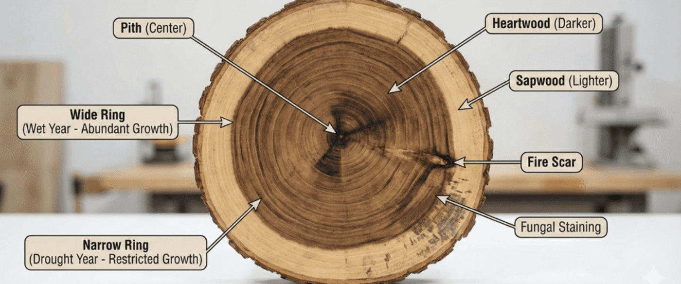 Labeled-photograph-of-a-Guanacaste-wood-log-cross-section-showing-pith-wide-versus-narrow-growth-rings-indicates-climate-conditions-along-with-visible-fire-scars-and-fungal-staining