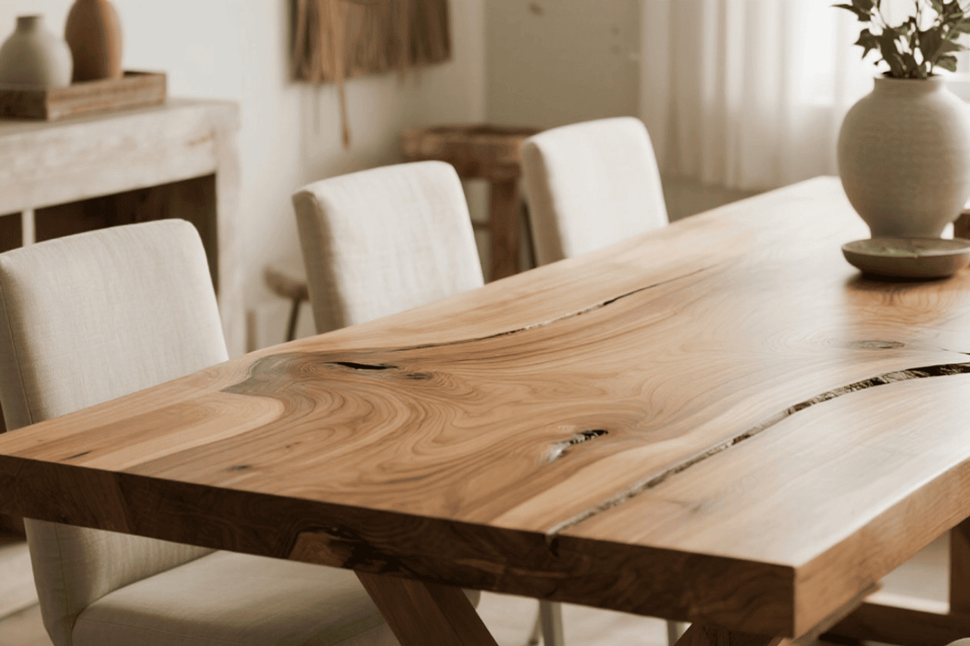 Handcrafted live-edge wooden dining table with neutral upholstered chairs, minimalist decor, and soft natural light from window.