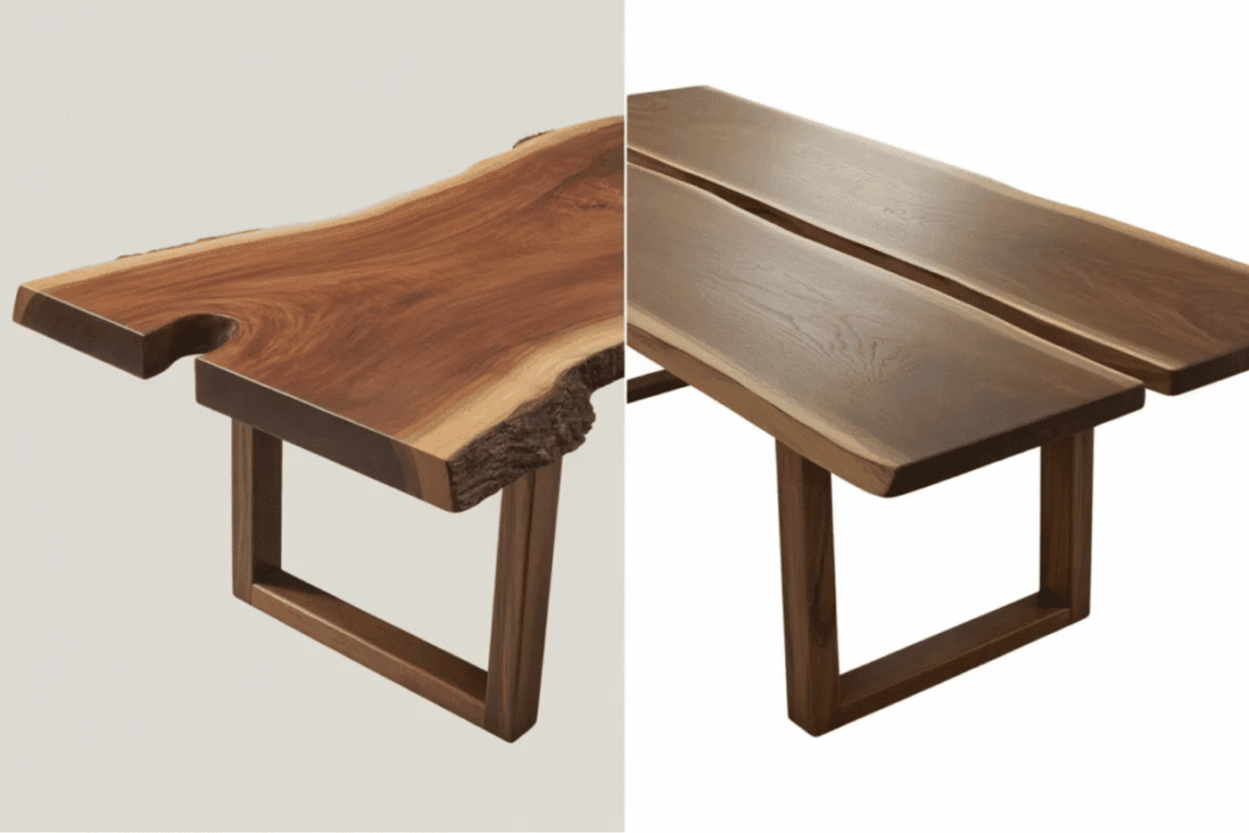 Two wooden tables with live edges and rectangular wooden legs, showcasing natural wood grain and finishes.