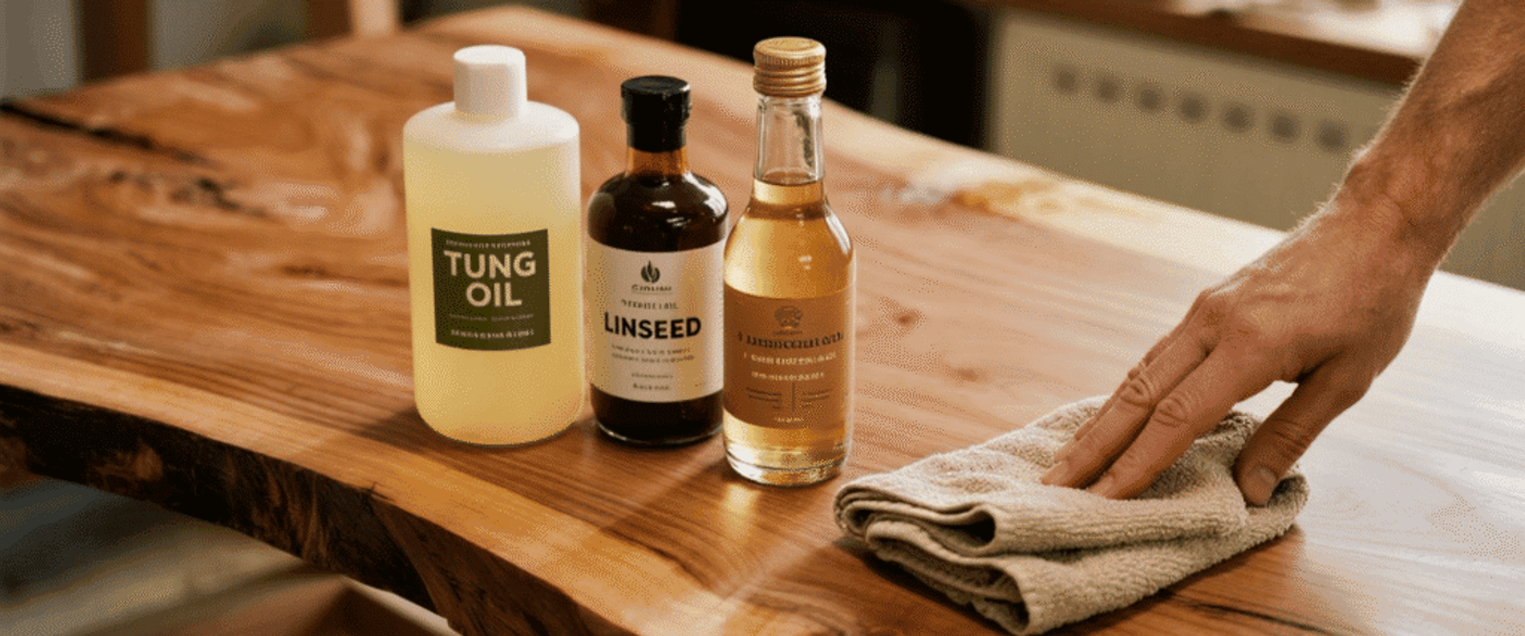 Hand rubbing oil finish onto a live-edge wooden table with tung, linseed, and finishing oil bottles nearby, cloth in hand.