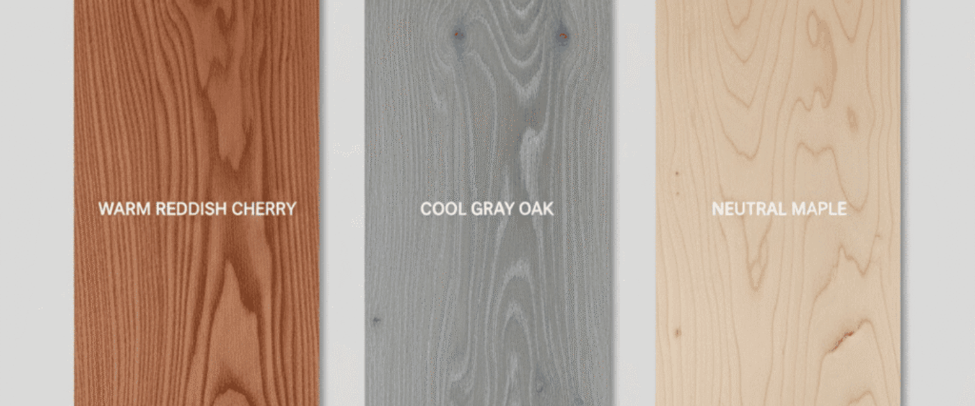 Three vertical wood samples labeled "Warm Reddish Cherry," "Cool Gray Oak," and "Neutral Maple" on a light gray background