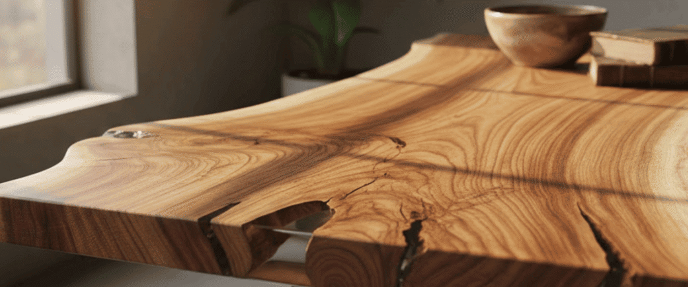 Live-edge walnut table with rich wood grain, natural cracks and polished surface, lit by window light with bowl and books on top
