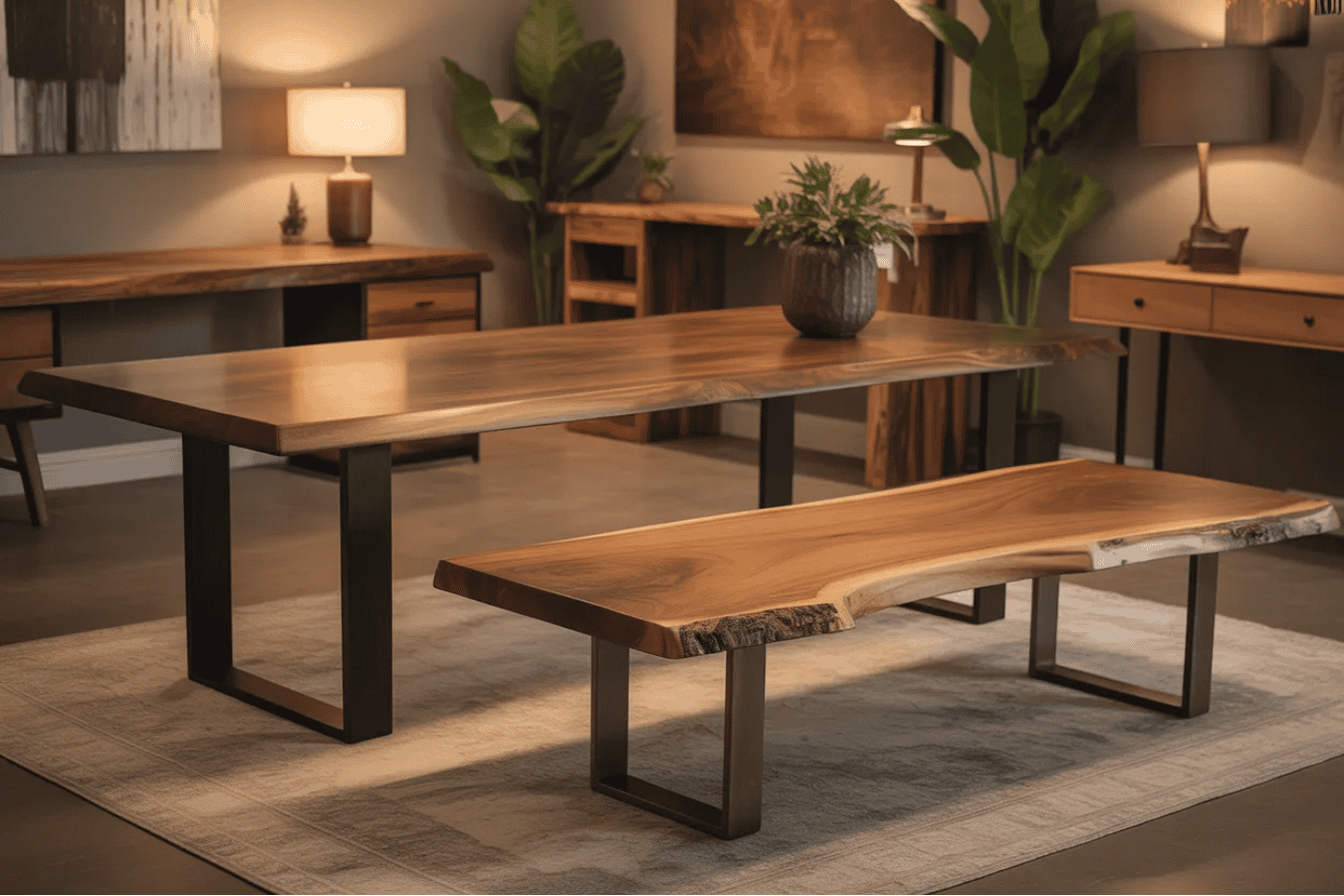 Wood table & bench with metal legs in modern room, warm lighting, plants, and decor.