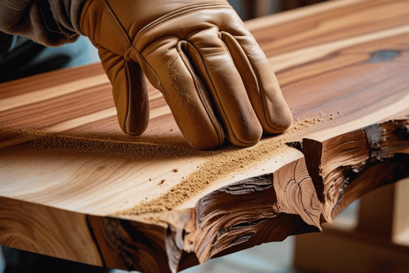 Gloved hand smoothing wood surface with fine sawdust on a natural live edge wooden table.