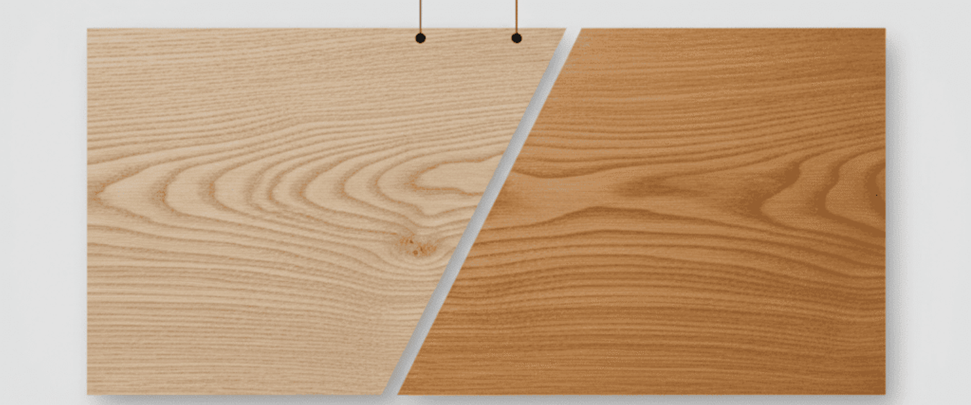 Rubio Monocoat treated warm-toned wood grain; icons below show plant-based ingredients, zero VOC, single-coat application, matte natural finish