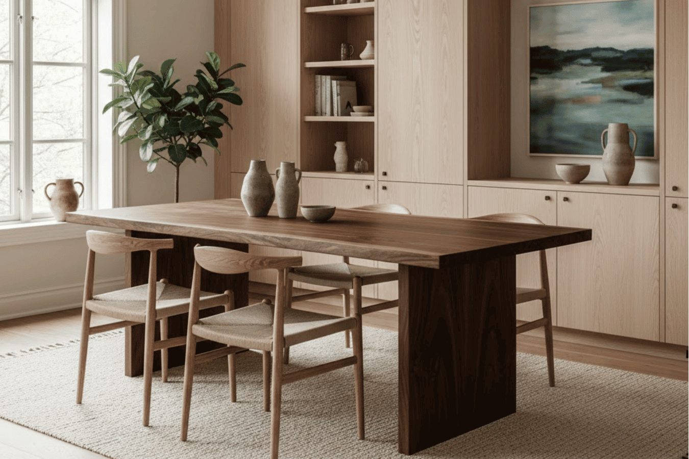 Sunlit minimalist dining room with a dark wood table, four woven-seat chairs, built-in light wood cabinets, plants and neutral ceramics