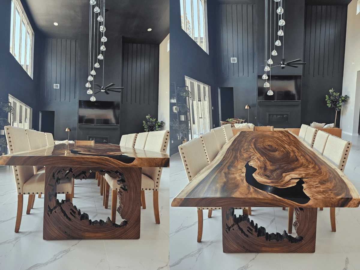 Custom live edge dining table with sculpted wood base in modern Austin home, featuring Guanacaste slab with black epoxy river.