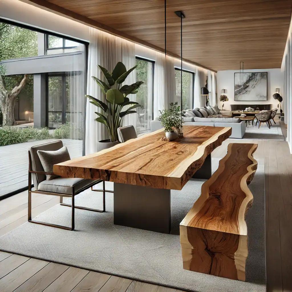 A modern dining room featuring a live edge dining table with a matching live edge dining bench.