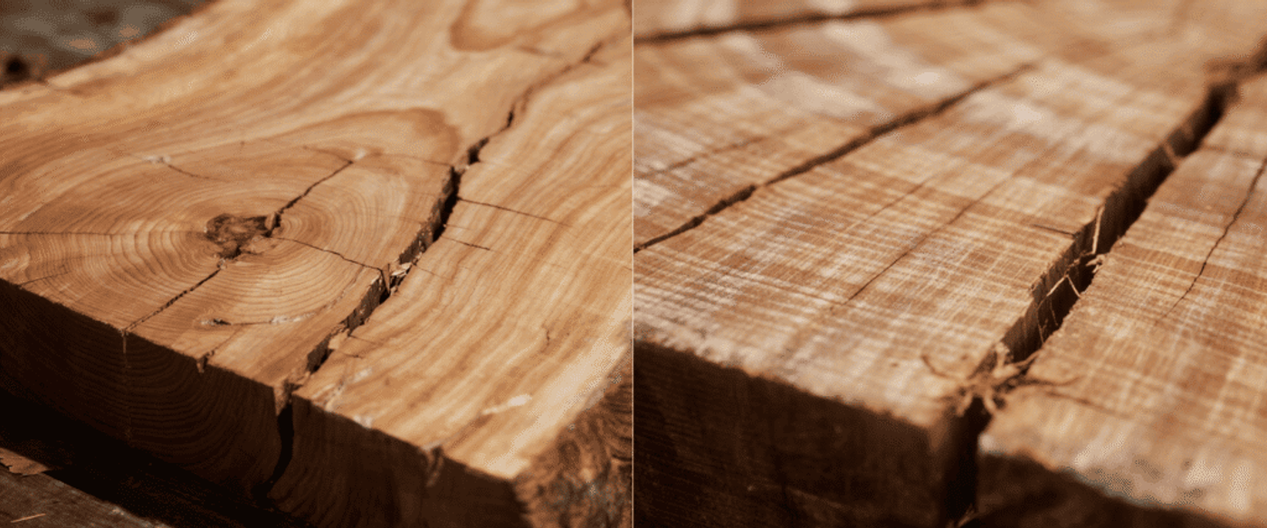Weathered cross-section of a tree trunk slab with visible growth rings, cracks, and rough bark resting on wooden planks.