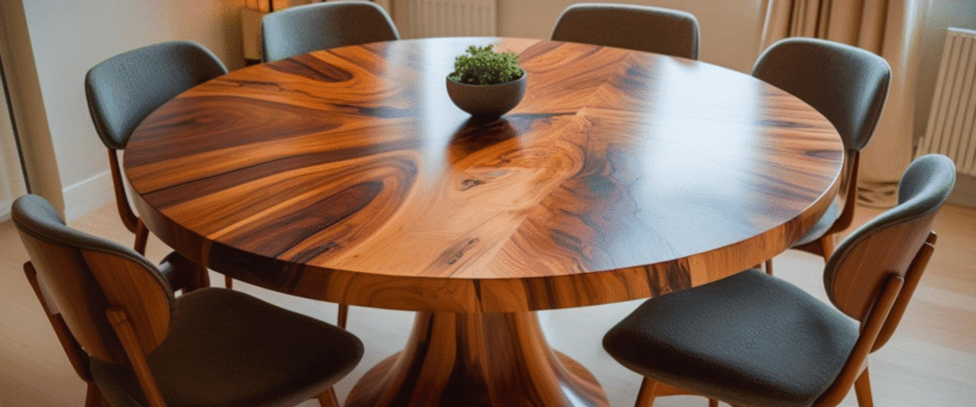 Round wooden dining table with natural grain patterns, surrounded by six cushioned chairs, and a small green plant centerpiece.