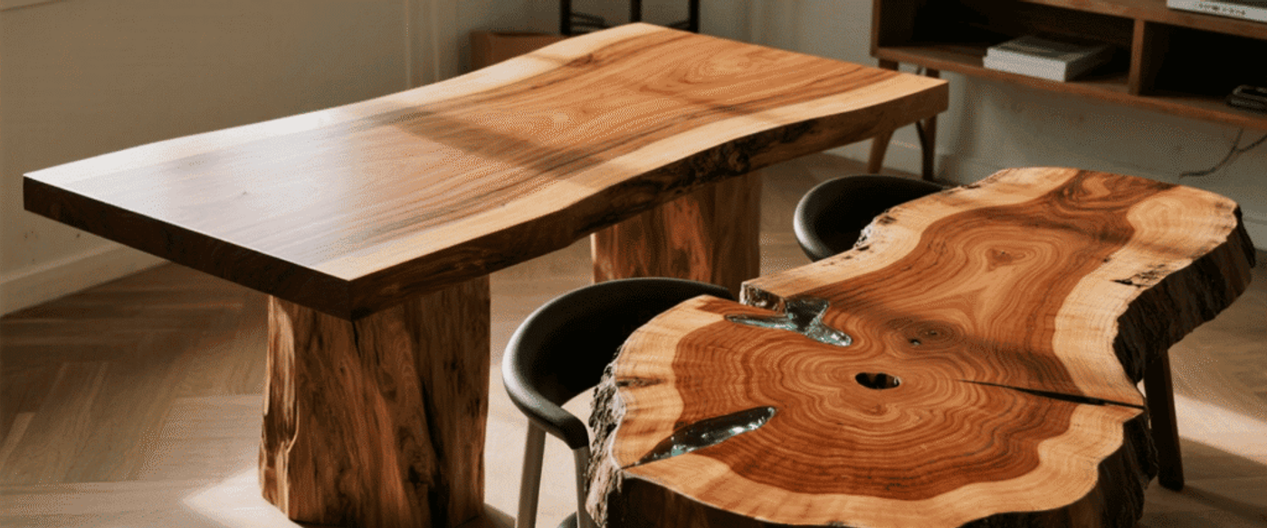 Live-edge wooden dining table and matching slab bench with natural grain patterns and resin inlays in a sunlit modern room.