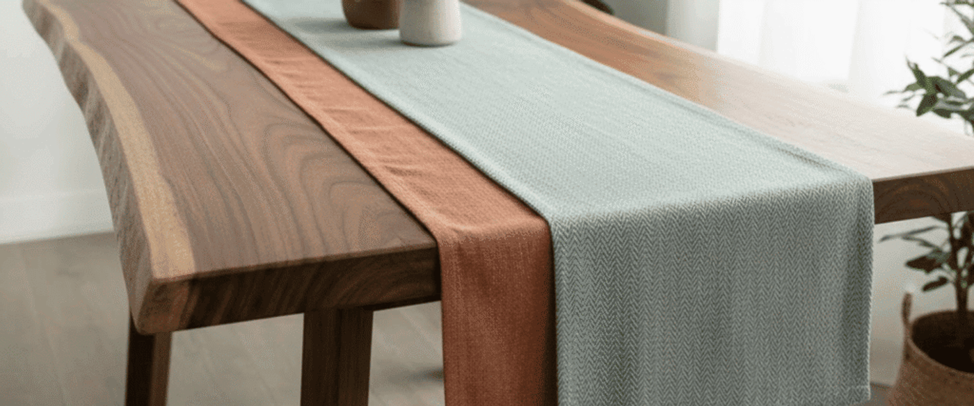 Warm walnut dining table with two layered table runners (rust and pale teal) and small ceramic vases and a plant centerpiece