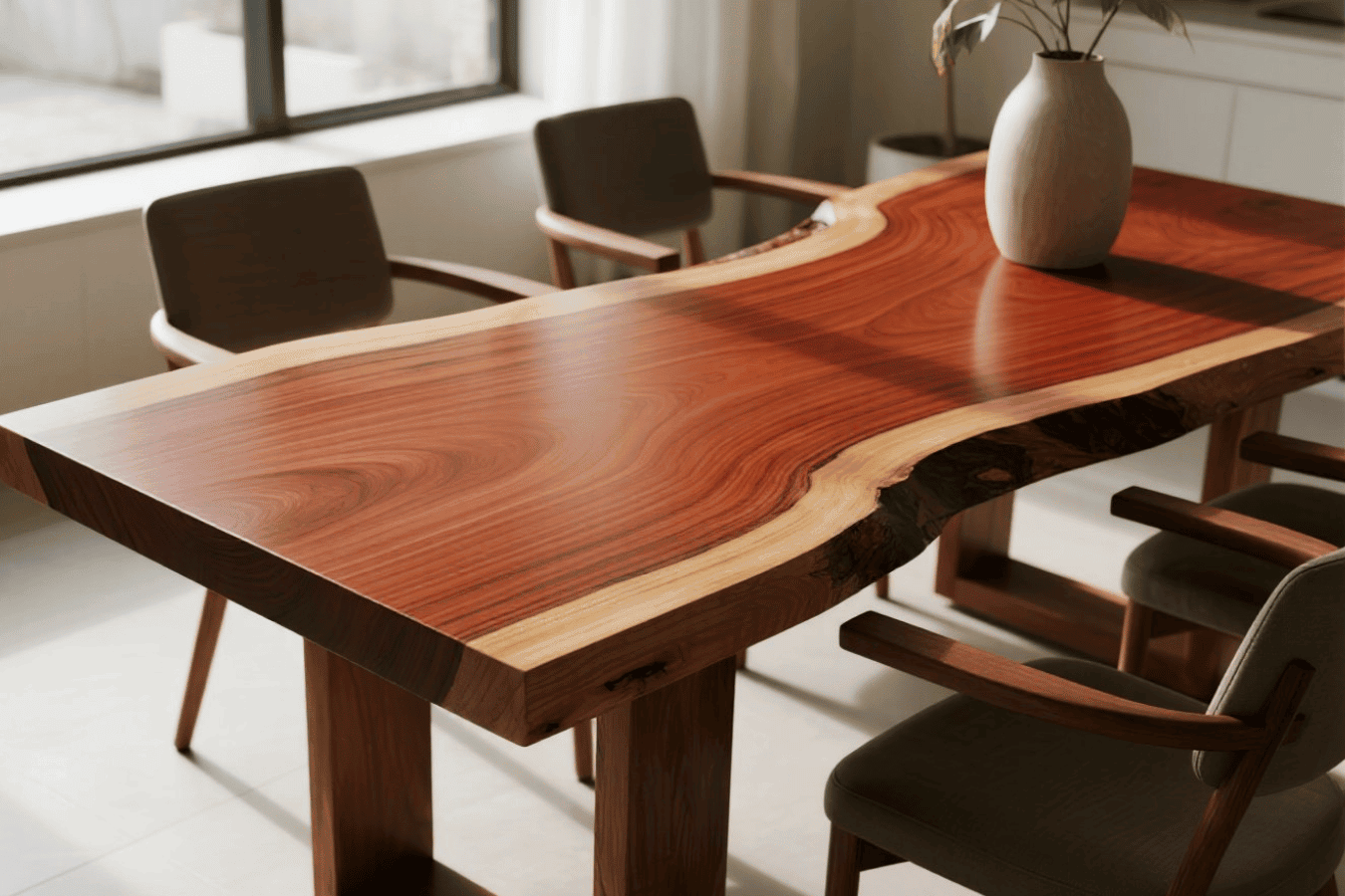 Polished live-edge wooden dining table with rich grain, surrounded by four mid-century chairs, sunlight from large window and a vase.