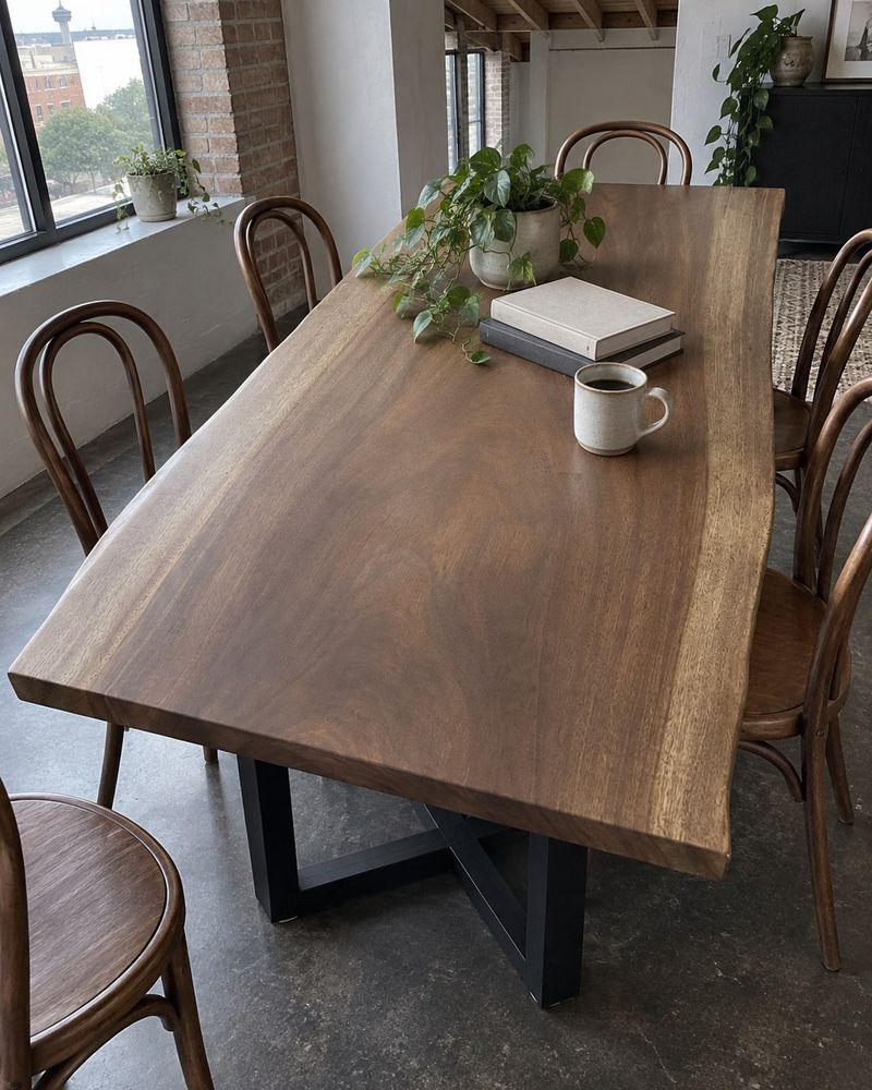 Rendering of the Ennia Sexta slab as a dining table with Pedestal Legs in a industrial loft home