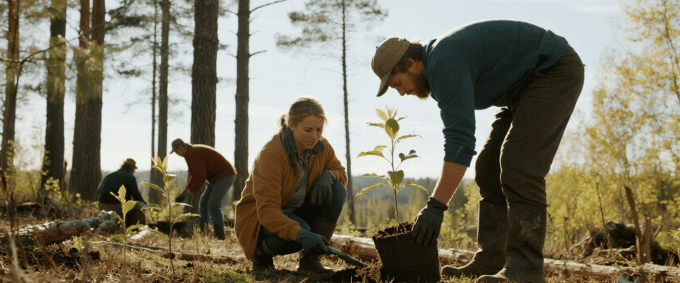 Two volunteers kneel in a sunlit forest planting young saplings, with others working in the background restoring the woodland.