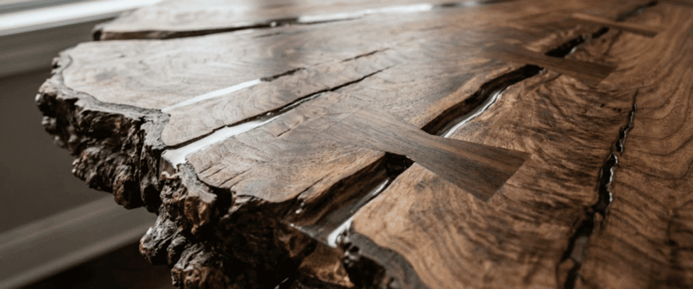 Live-edge walnut table with epoxy-filled cracks and butterfly joinery, rich grain and natural bark edge near a bright window