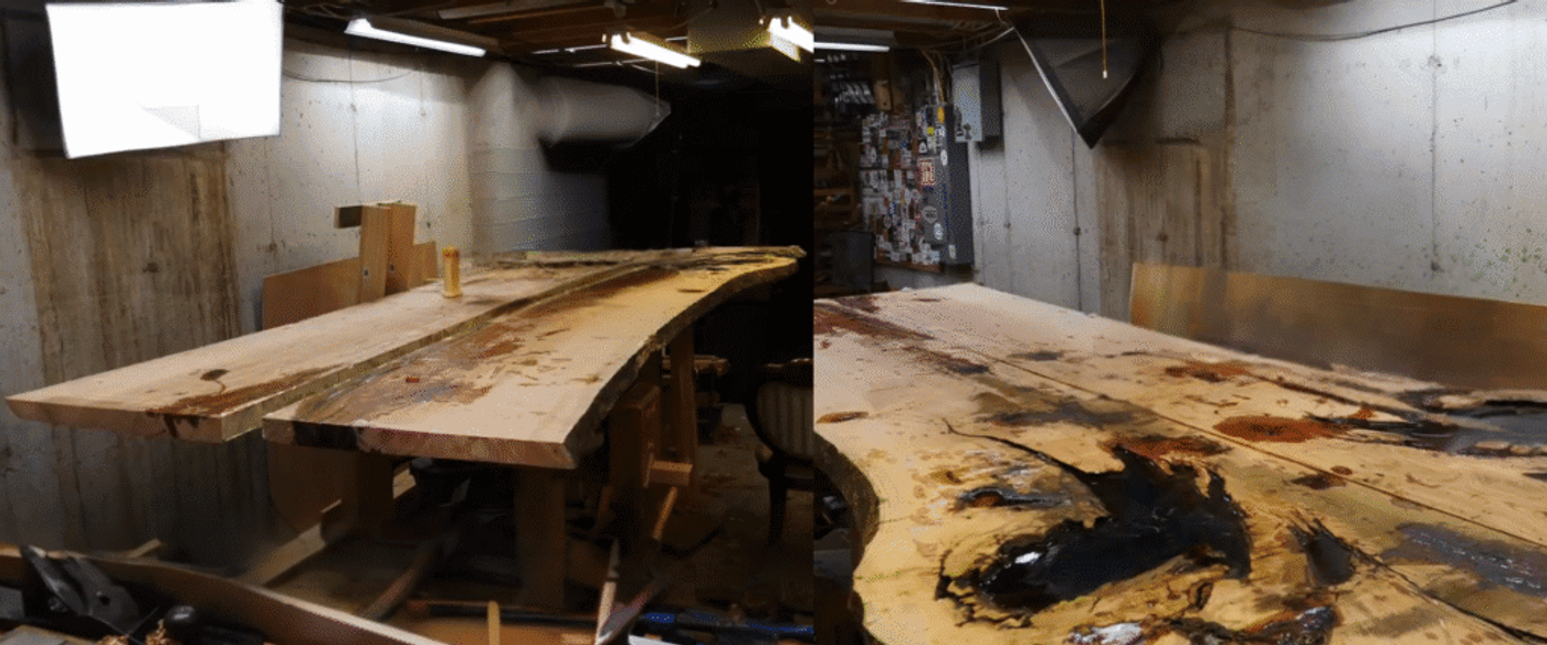Wood slabs being prepared in a workshop, showing natural edges and resin-filled cracks for a live edge table project.