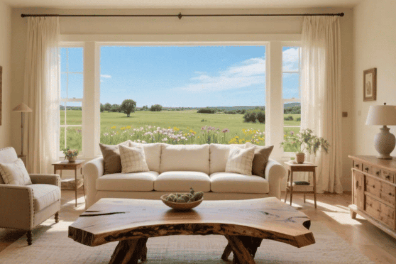 Sunny living room with cream sofa, armchair, live-edge wood coffee table and large window showing green fields.