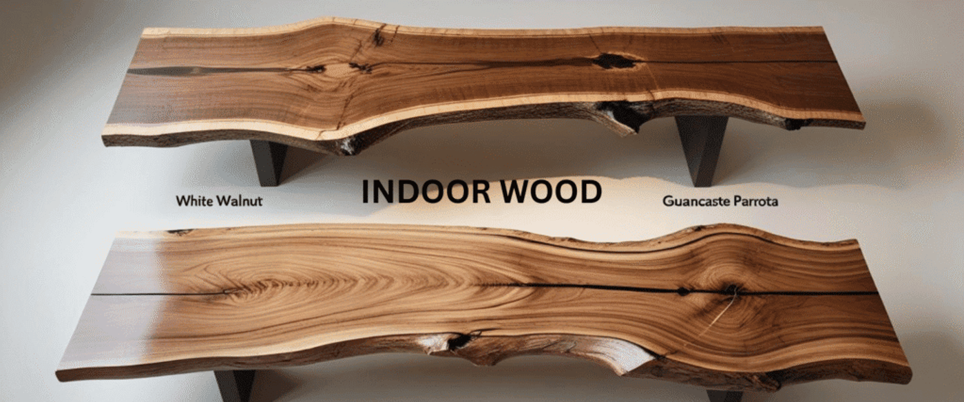 Two indoor wooden benches made from White Walnut and Guancaste Parrota wood, showing natural grain patterns and live edges