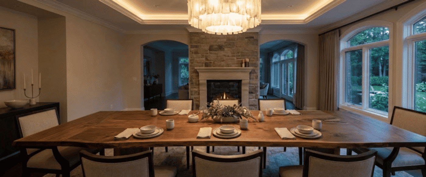 Spacious dining room with a long wooden table set for six, chandelier above, fireplace and large windows showing garden view