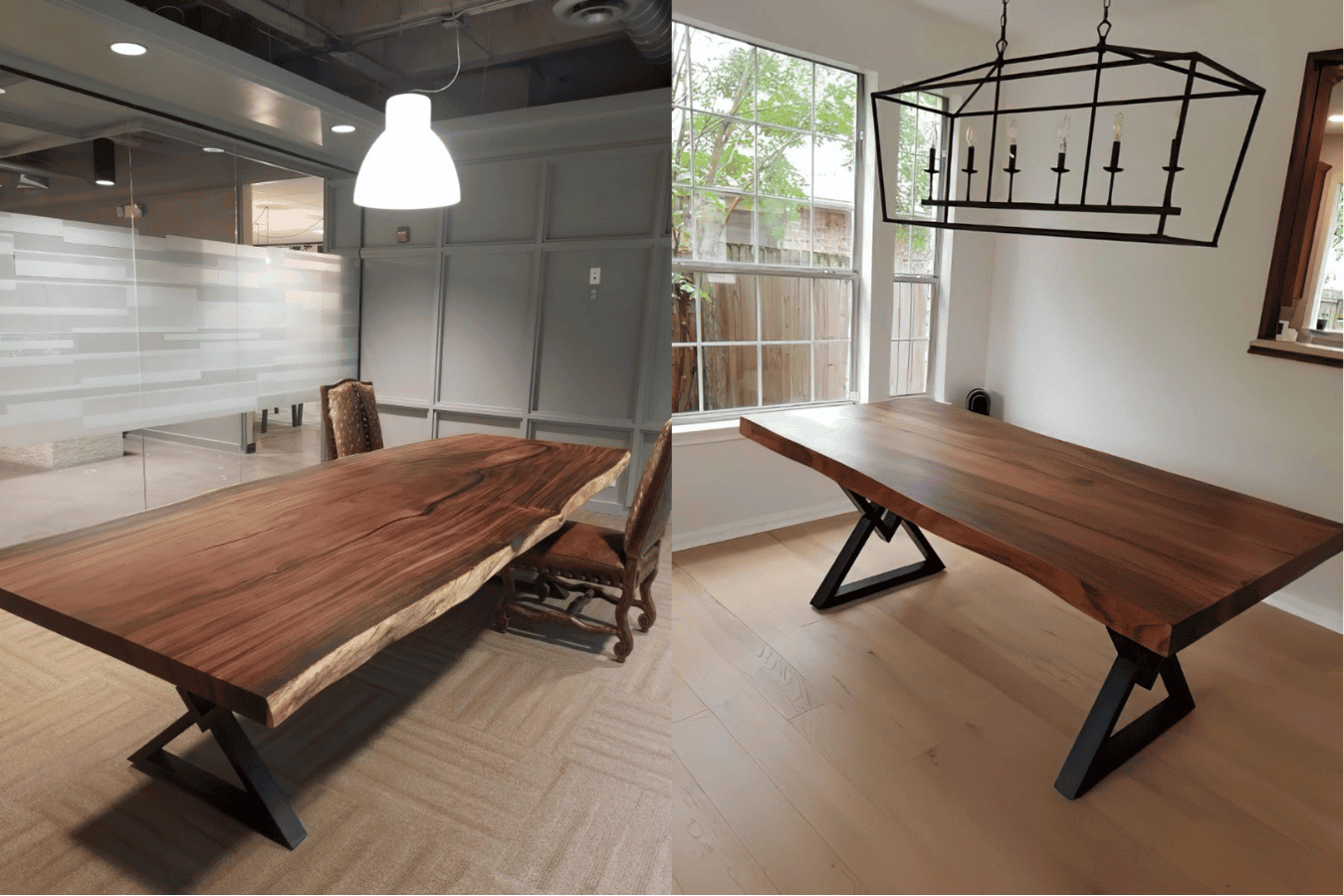 Solid live-edge walnut dining table with black metal X-legs under a rectangular candelabra chandelier in a bright room with large windows.