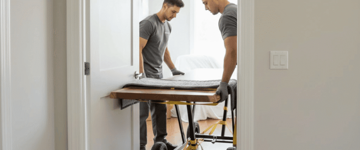 Two movers carefully carry a large wooden table through a doorway into a bright bedroom, using a dolly and protective padding