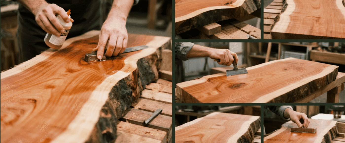 sequence of images showing the process of selecting a wood slab with a pronounced heartwood-sapwood boundary