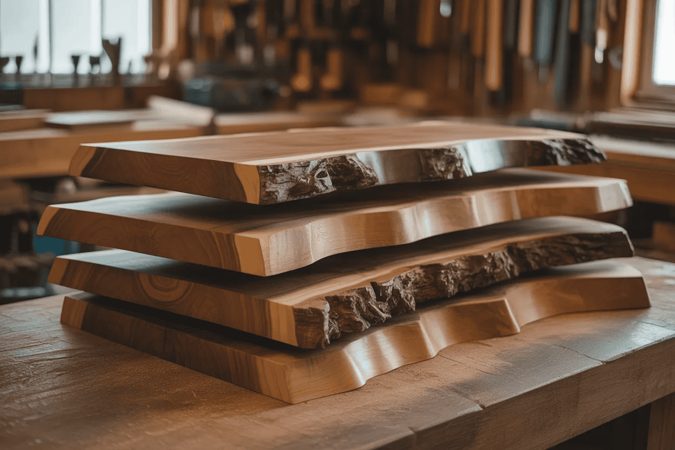 Wood slabs with natural edges stacked in a workshop, showing smooth polished surfaces and raw bark details.