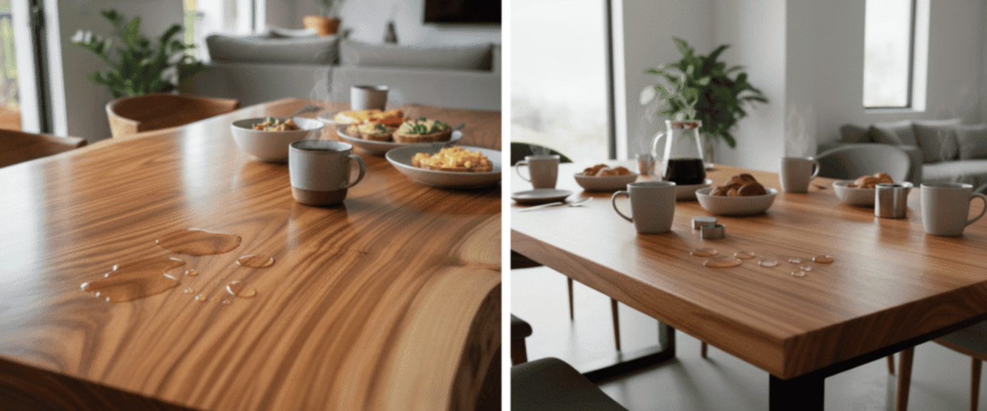 Steam rising from a coffee mug and breakfast bowls on a wooden table with a few water droplets