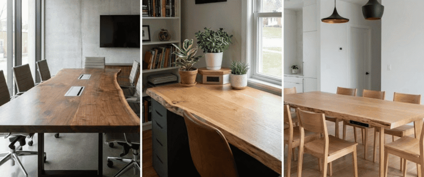 Three connected photos showing live-edge wooden tables: a conference table with office chairs, a home desk with potted plants by a window, and a dining table with wooden chairs