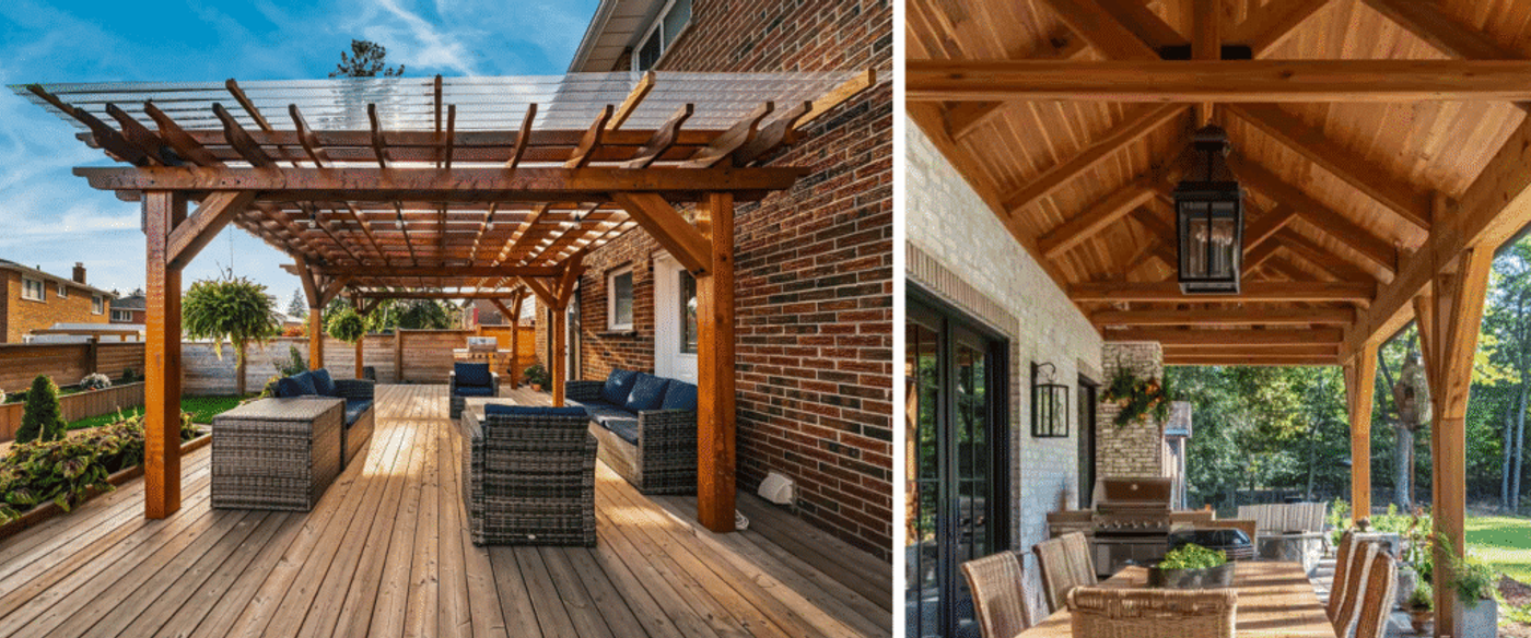 Beautiful outdoor wooden pergolas and covered patio designs with cozy seating, natural wood structures, and a relaxing backyard atmosphere