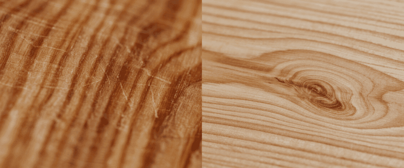 Sanded light wood plank with natural grain and a central knot, warm beige tones and smooth polished surface, horizontal lines.