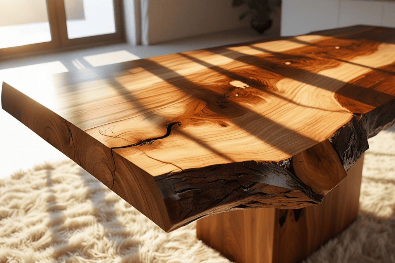 Close-up of a polished wooden table with natural edges, showing wood grain and knots, illuminated by sunlight streaming through window blinds.