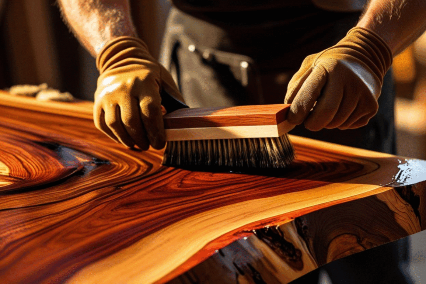 Worker applying finish to polished wood surface with a brush, enhancing grain and protecting the wood.