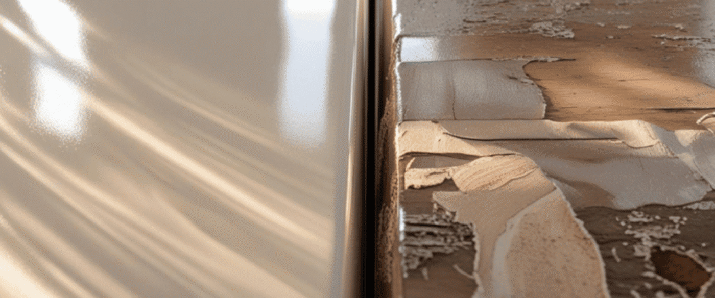 Close-up-of-two-tabletop-surfaces-side-by-side-one-smooth-and-glossy-the-other-rough-and-textured-with-peeling-layers