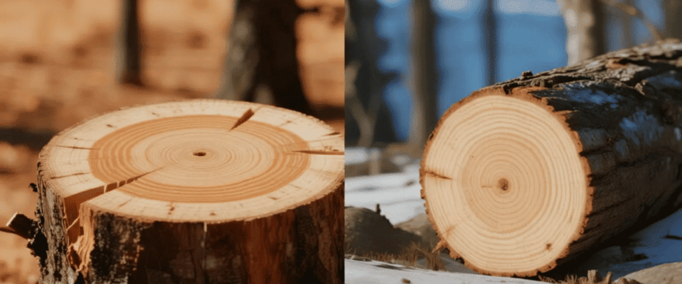 Sunny cut tree stump and log cross-sections showing growth rings in a forest clearing, close-up wood textures and bark.