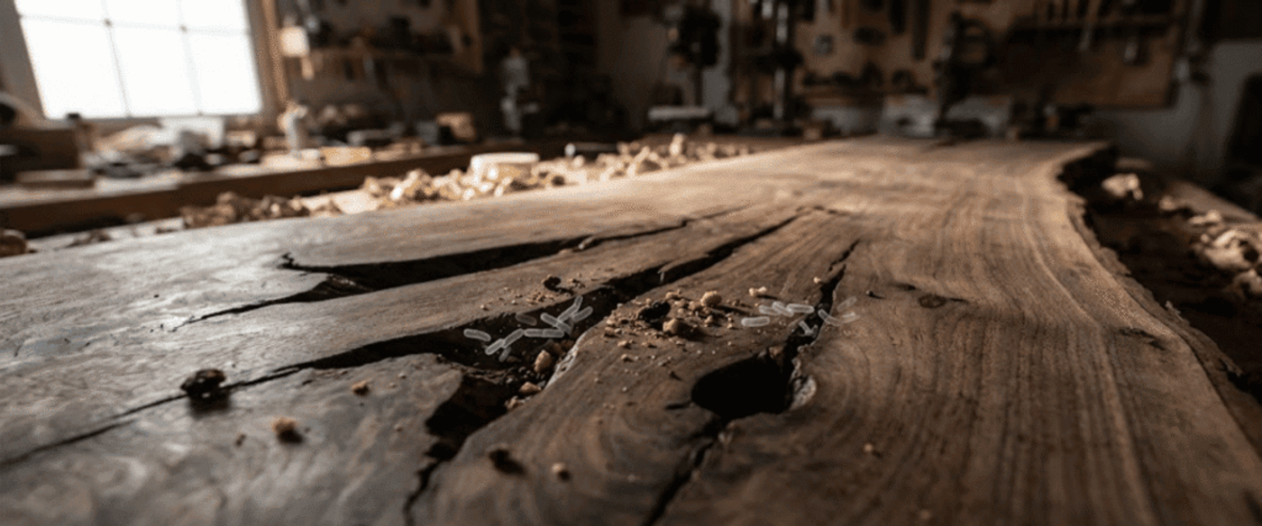 Sunlit workshop table made from a live-edge slab of walnut, showing cracks, wood shavings and scattered rice grains in a close-up view