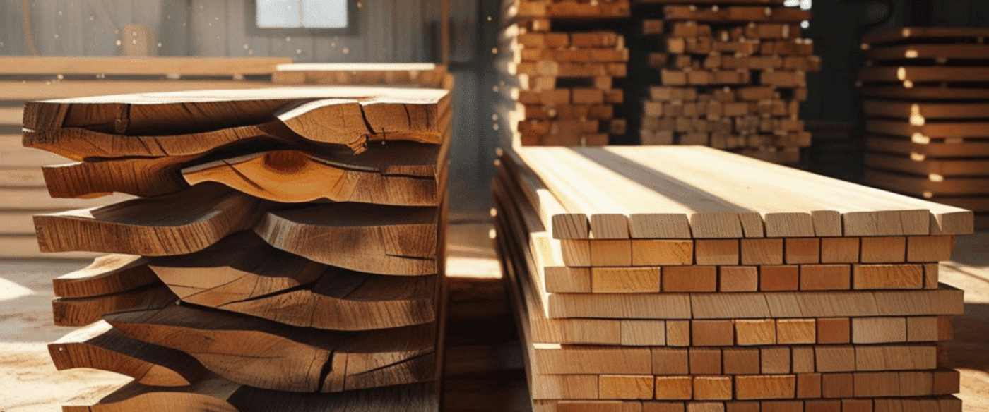 Stacked rough and smooth wooden planks in a lumber warehouse, showing raw and processed wood ready for use.