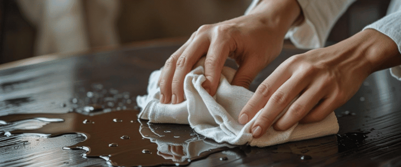Hands wiping water spill on wooden table with a white cloth.