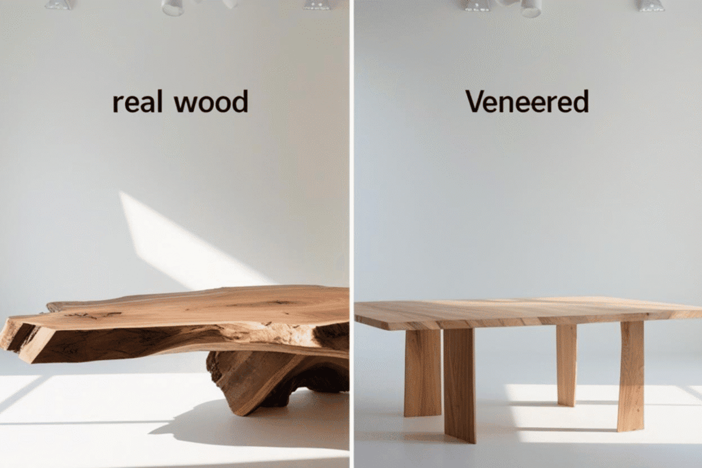 Comparison of two tables: left is natural, irregular real wood; right is smooth, uniform veneered wood.